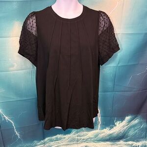 Vograce Black Short Sleeve Blouse with Sheer Swiss Dot Sleeves